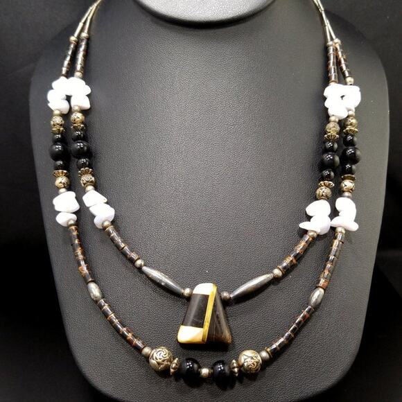 Vintage Artisan Gemstone Natural Bead Necklace, Quartz Shell Wood, 23 Inches - Picture 2 of 10